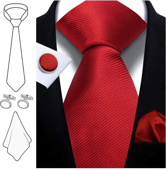 Foto: Fako fashion stropdas met pochette en manchetknopen gestreept ribstructuur 100 zijde effen 8cm 145cm rood