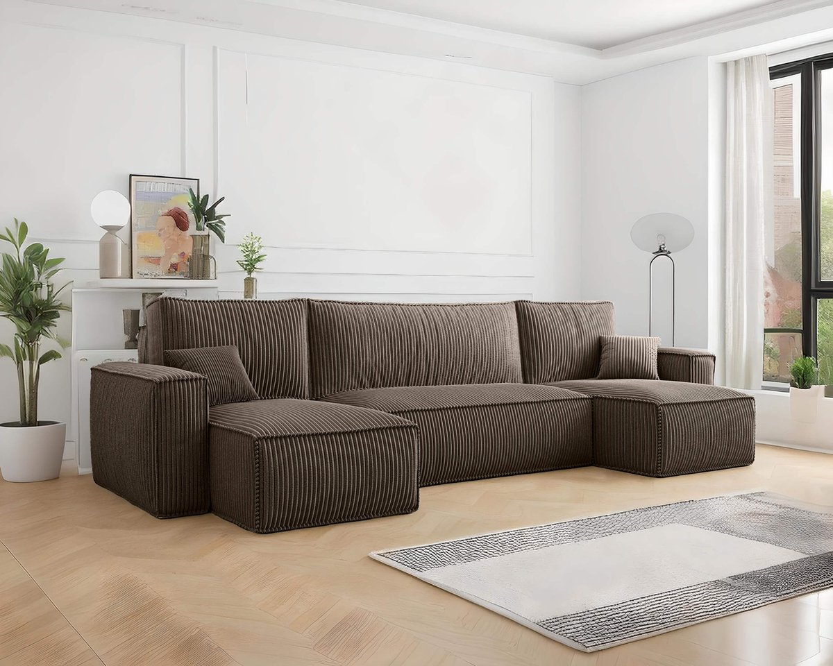 U-bank Frenkie - Ribstof - Taupe - Slaapbank met opbergruimte - Lounge Links én Rechts - Direct Leverbaar - U-zetel - Chaise longue - Zetel met slaapgedeelte - 4 zits - Zitcomfort Medium