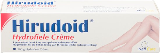 Hirudoid Hydrofiele Crème verpakking met de tekst 'Neo Care' en afbeelding van benen.