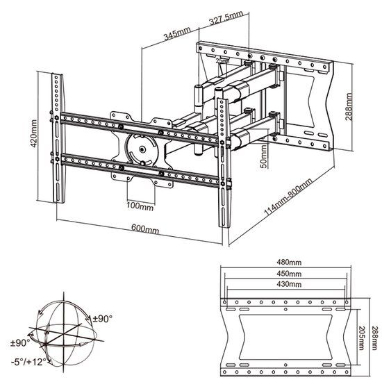 Dessin technique d'un support TV avec dimensions en millimètres.