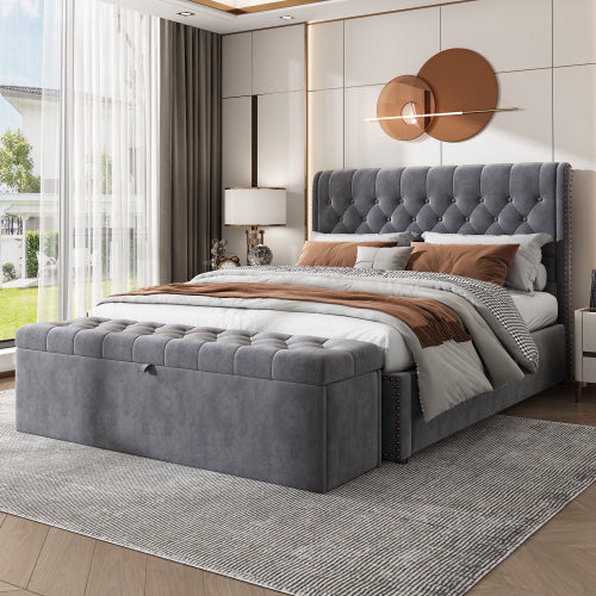Merax Opbergbed 140x200 cm Inclusief Bedhocker – Grijs Fluweel – Tweepersoonsbed met Hydraulisch Opbergruimte