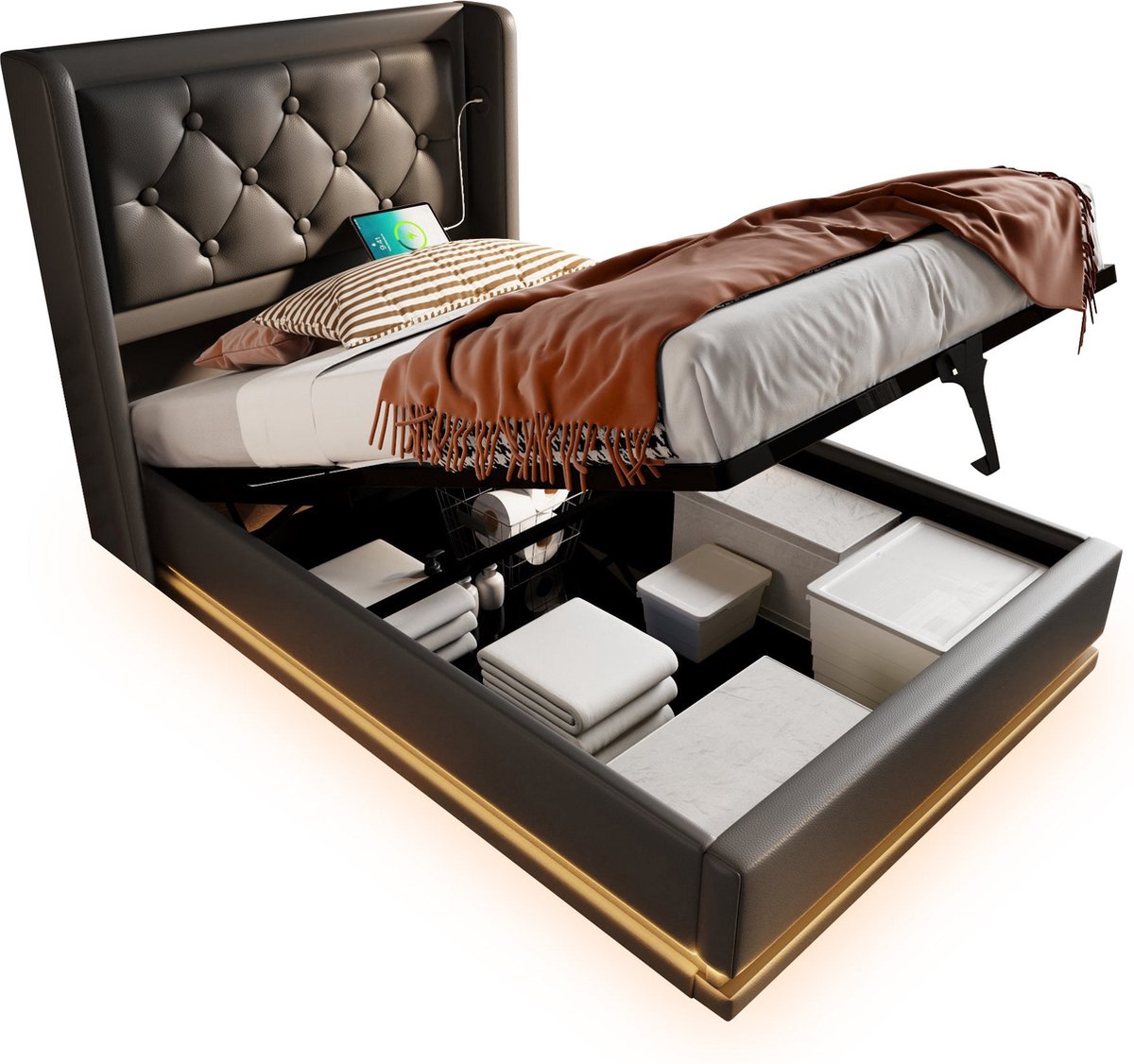 Merax Eenpersoonsbed 90x200 cm met Hydraulisch Opbergruimte – Zwart Kunstleer – Bed met LED en USB-C