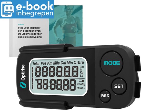 Optirise Stappenteller Broekzak + Ebook + Clip & Draagkoord - Activity Tracker - Pedometer - Stappentellers - 3D Sensor - Fitness Tracker - Voor Dames & Heren, Volwassenen & Kinderen - Zwart
