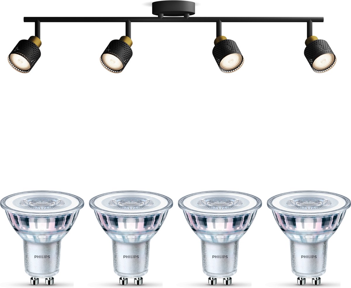 Philips Niall Opbouwspot (Zwart/Goud) - Warmwit Licht - Plafondspot met 4 Lichtpunten - GU10 - SceneSwitch - Eenvoudig Dimbaar met Je Klassieke Schakelaar