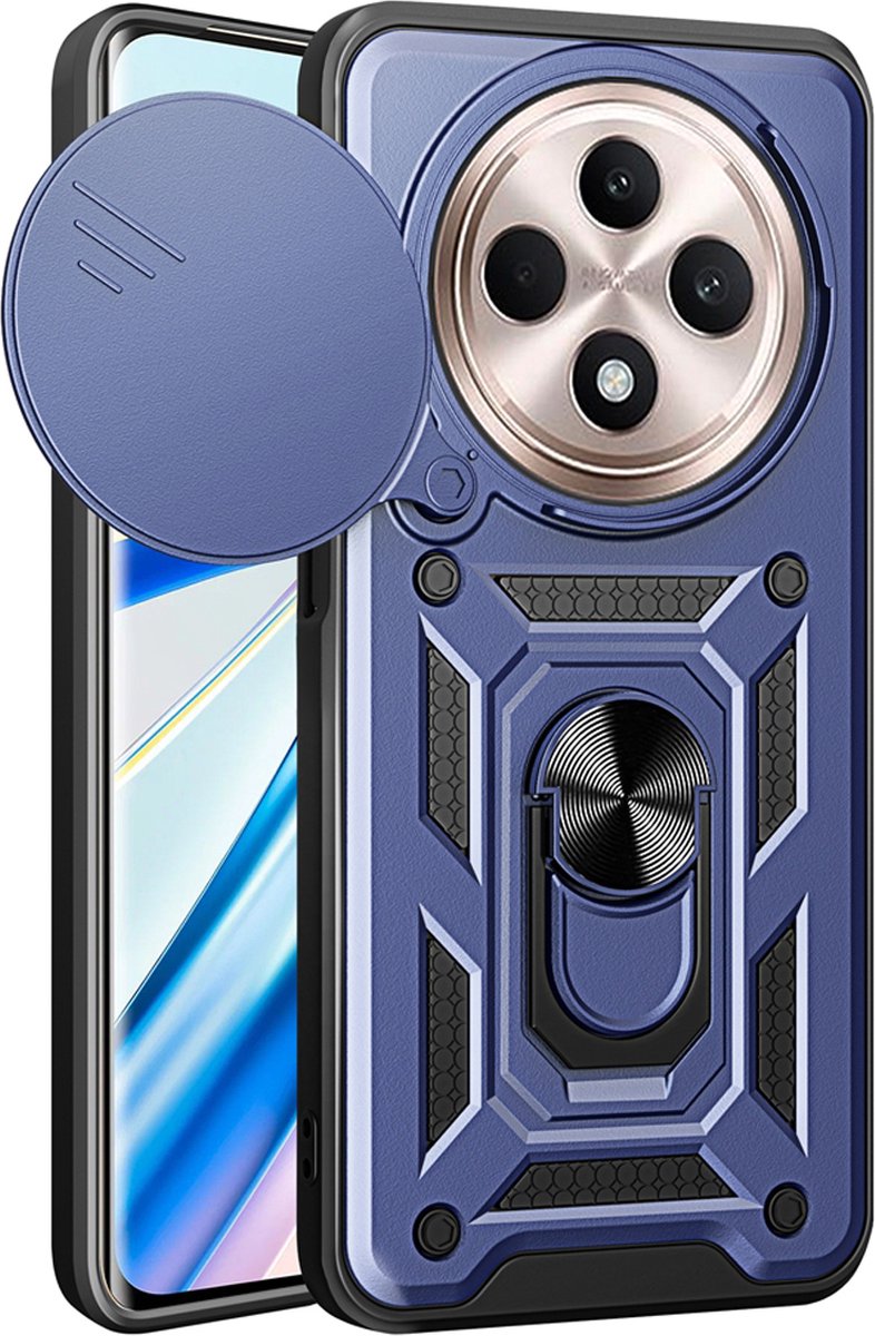 MobyDefend Hoesje - Geschikt voor Oppo Reno12 F - Pantsercase Met Draaibare Ring - Blauw