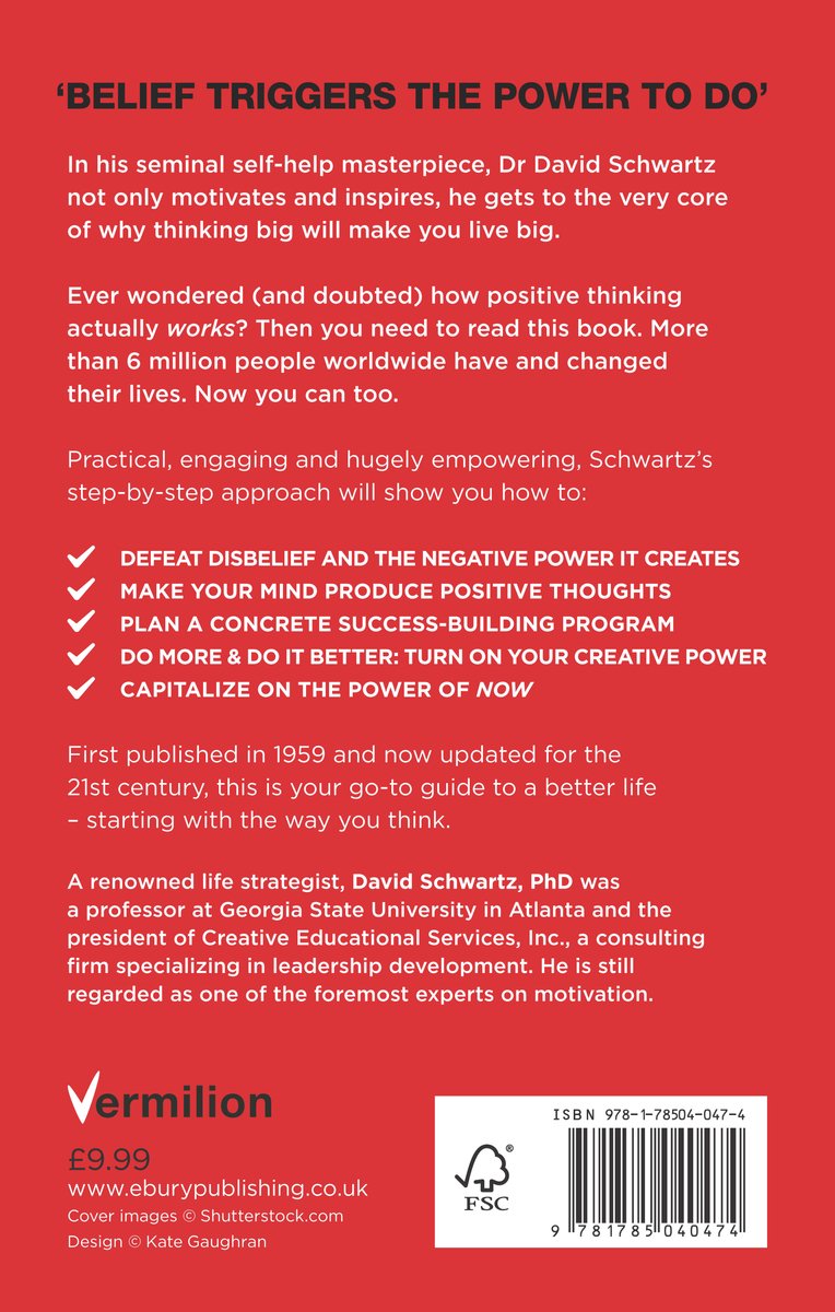 Achterkant boek "The Magic of Thinking Big" met rode tekst en citaten over zelfhulp.