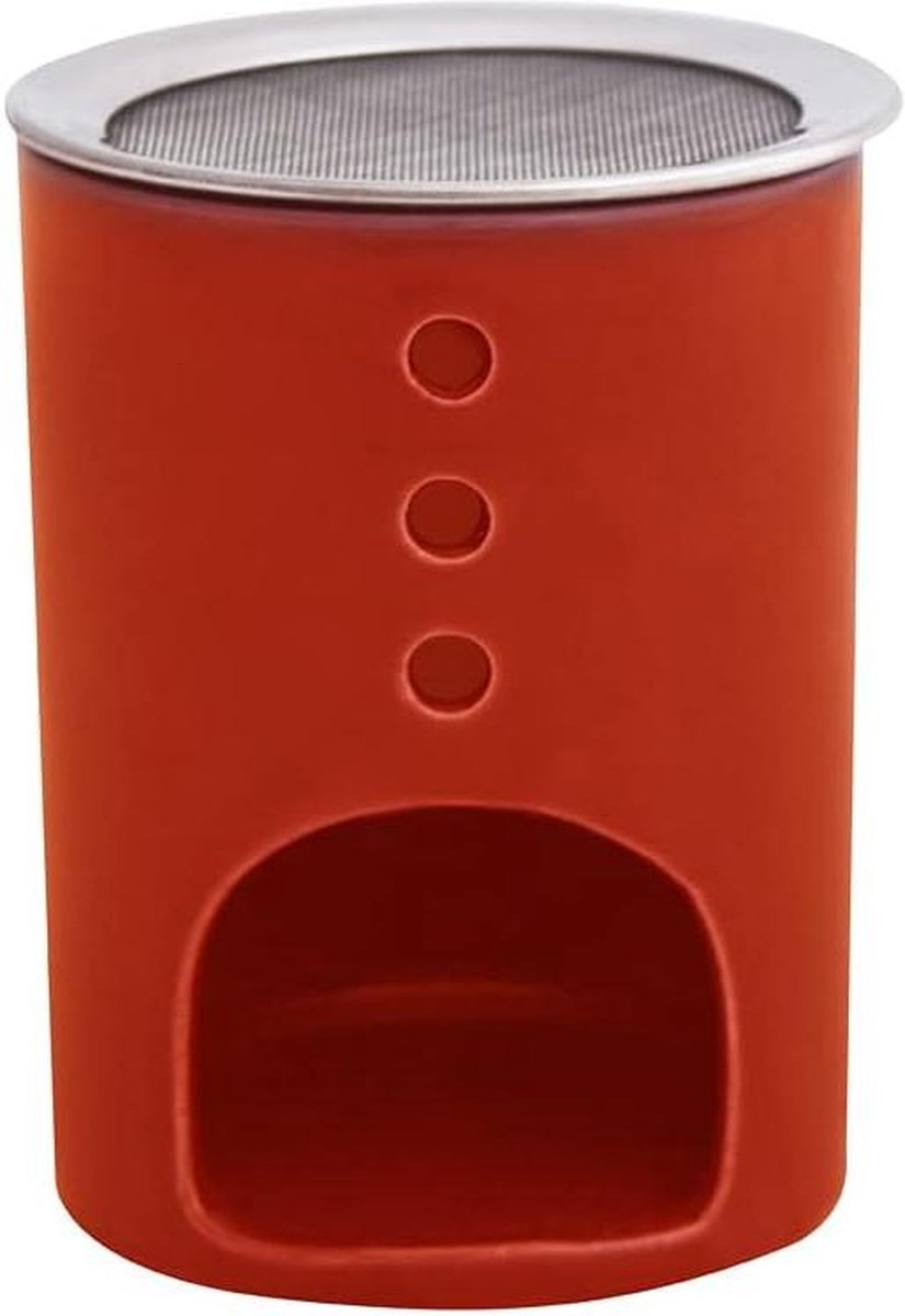 Wierookbrander ZEUS FAIR TRADE geglazuurd keramiek rood rvs zeef H-11 cm Ø-8 cm inhoud in html- need content wierookbrander met zeef
