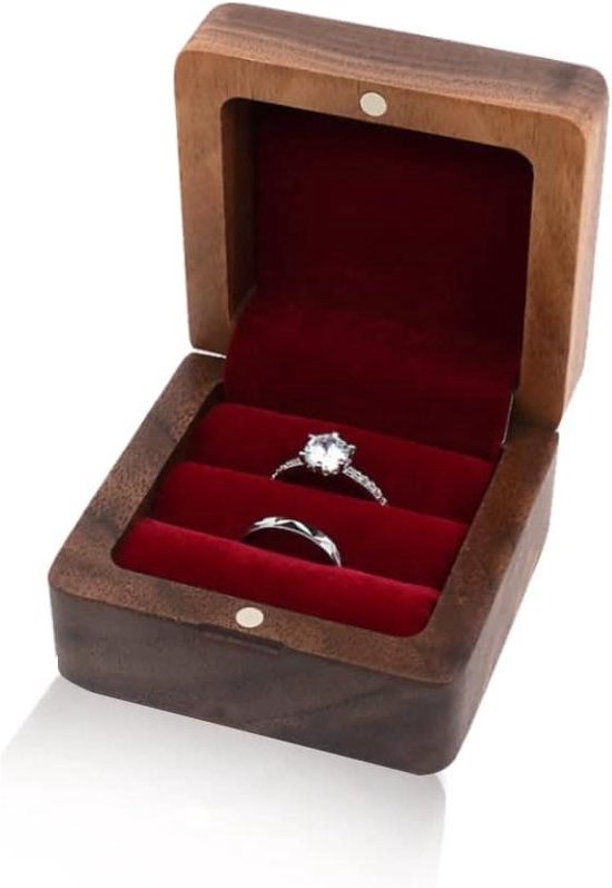 Ringendoos van walnoothout - ringkussen voor bruiloft - verloving en jubilea - draagbare vierkante ringen presentatiedoos ringendoosje bruiloft