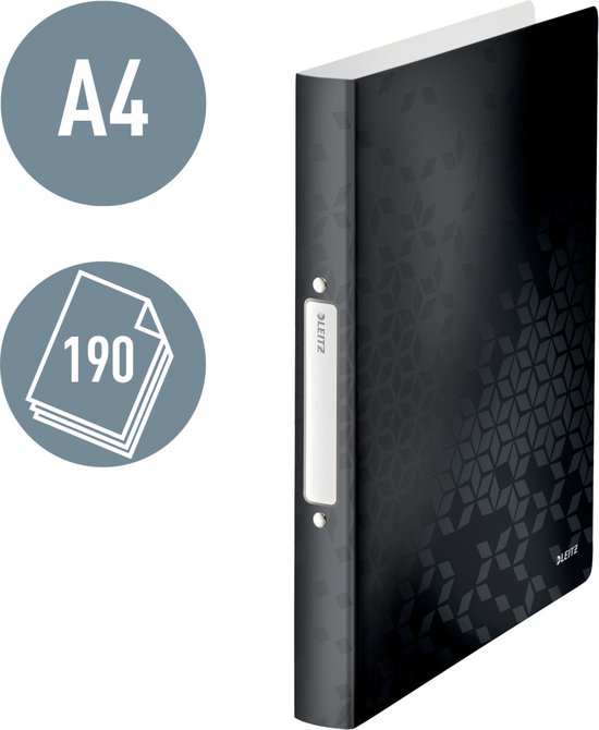 Zwart Leitz ringband met geometrisch patroon, labelhouder en 'A4'/'190 vel' iconen.