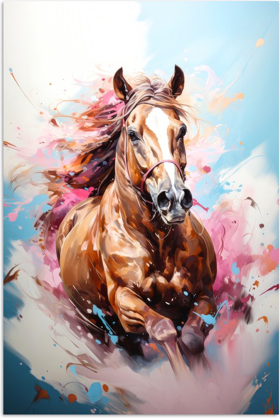 Poster 40x60 cm - Paard - Meisjes - Blauw - Roze - Posters - Wanddecoratie tienerkamer - Kamer decoratie voor tieners - Tiener jeugdkamer accessoires