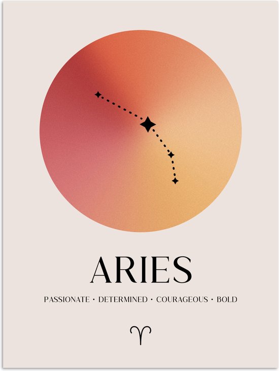 Poster van het sterrenbeeld Ram (Aries) met een rode tot gele cirkel en zwarte sterrenconstellatie. Tekst: ARIES, PASSIONATE, DETERMINED, COURAGEOUS, BOLD en het symbool van Ram.