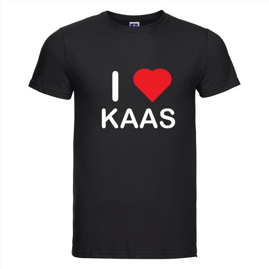 Zwart t-shirt met de tekst "I KAAS" en een rood hart.