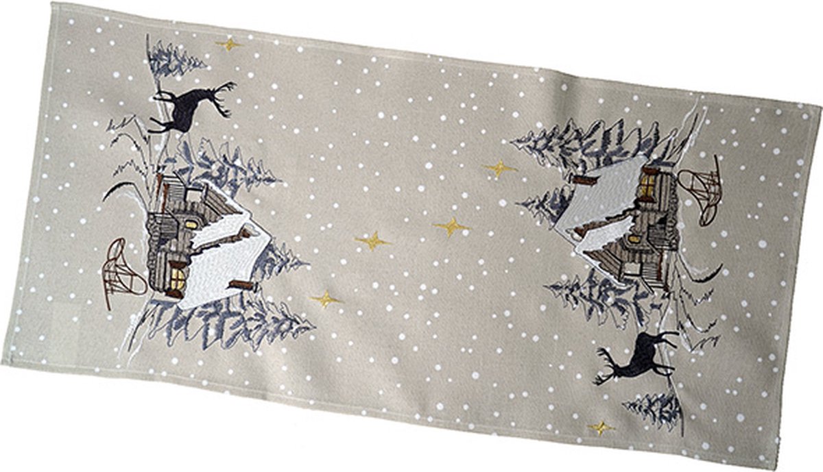 Tafelloper - Kerst - Ecru - Wintertafereel met sneeuwvlokken - Loper 35 x 70 cm