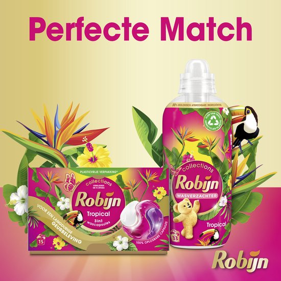 Robijn wascapsules Tropical en wasverzachter Tropical, omringd door tropische bloemen en bladeren.