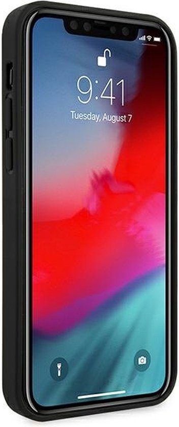 Zijkant van een zwart telefoonhoesje dat om een iPhone zit.
