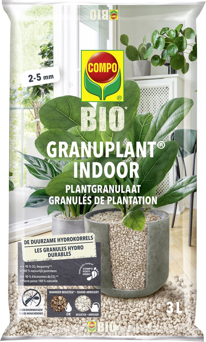 COMPO Bio Granuplant Indoor - 100% natuurlijke hydrokorrels (2-5 mm) - voor kamer- en balkonplanten - duurzaam alternatief voor kleikorrels - zak 3L