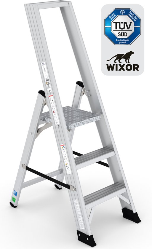 Wixor Trapladder Expert | Huishoudtrap 3 treden | Professionele trap | Bordestrap | Stevige Trap | Tuv-gecertificeerd | EN131
