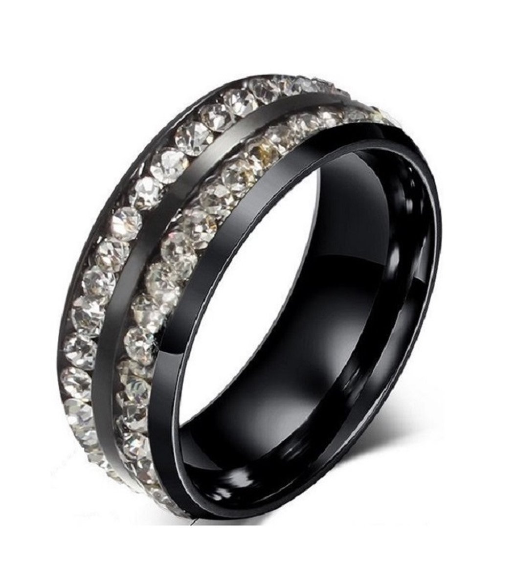 Schitterende Zwarte Ring Dubbele Rand Zirkonia | Ring met Steentjes| 17.25 mm.(maat 54) Jonline