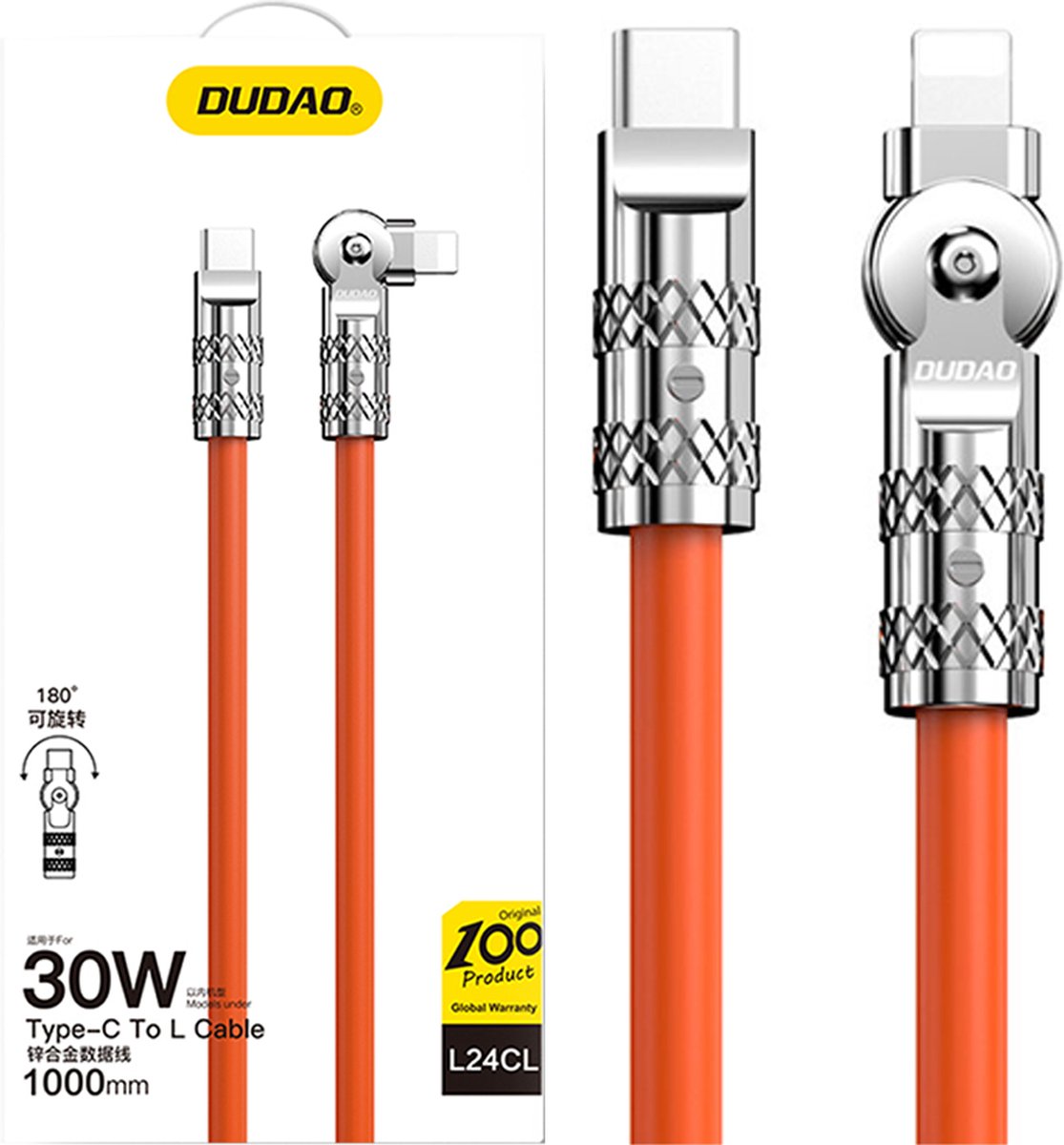 Hoekige - USB-C - Lightning-kabel 30W 1m 180° rotatie Dudao - oranje