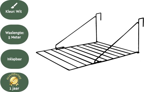 Wit inklapbaar droogrek van 5 meter met haken om op te hangen.