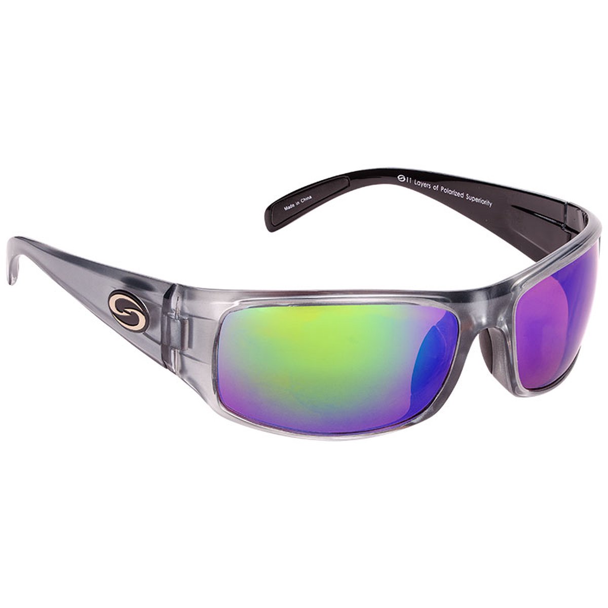 Strike King S11 Optics Okeechobee Shiny Clear Gray Metallic Black Two Tone Frame Multi Layer Green Mirror Amber Base Lens | Zonnebril