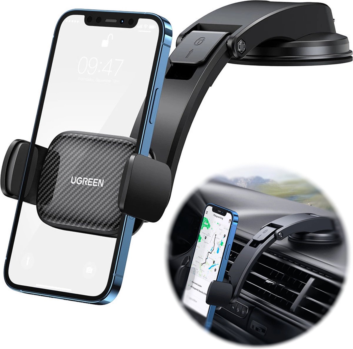 UGREEN Universele Klem Autohouder Telefoonhouder met Zuignap Dashboard/Raam (6.6 - 9.5cm) Zwart