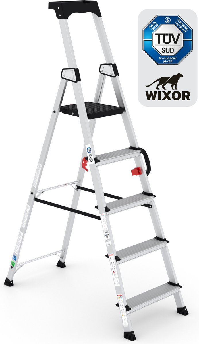 Wixor Trapladder Handyman Huishoudtrap 5 treden Professionele trap Enkel Oploopbare trap Keukentrap Tuv-gecertificeerd EN131