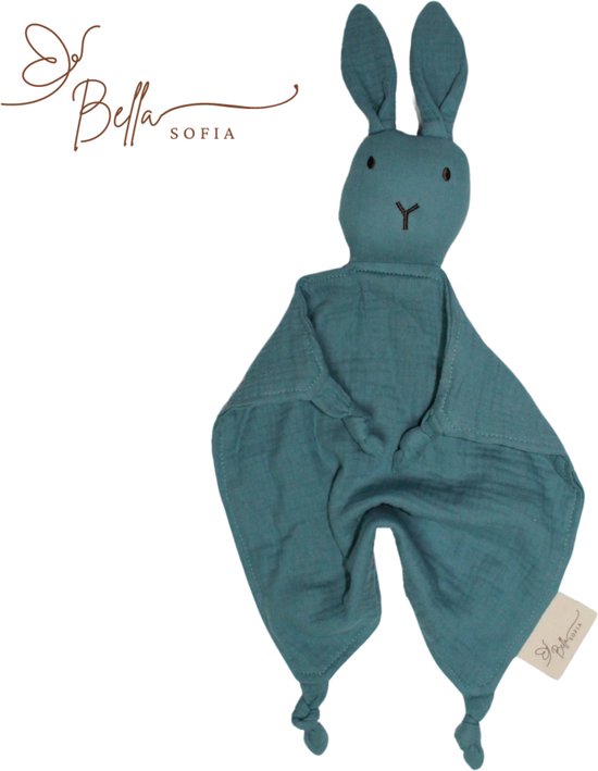 Bella Sofia® - Soof het Knuffelkonijn – Knuffeldoekje Blauw – Biologisch Katoenen Hydrofiel Speendoekje – Perfect Kraamcadeau – Babyshower Cadeau – Veilig Baby Speelgoed