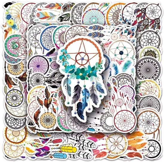 Een collectie van 50 stickers met dromenvangers en veren, met een grote centrale dromenvanger met blauwe en groene bloemen.