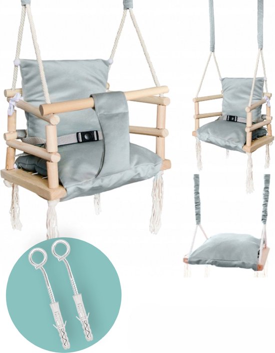 Luxe houten 3 in 1 licht grijze meegroei baby schommel en Kinder schommel – Baby swing – Schommel die meegroeit met je kindje - Schommelstoel - Schommels - handgemaakt