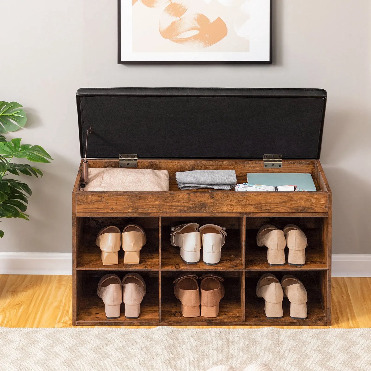 VASAGLE Étagère à chaussures, Table console, pour pantoufles, talons, bottes, jusqu'à 14 paires de chaussures, pour entrée, salon, chambre, style industriel, Marron Rustique et Noir LBS018B01