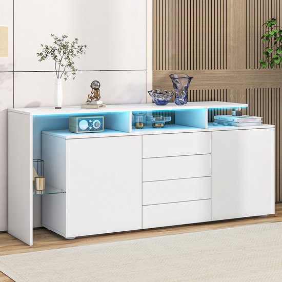 Commode, wit, hoogglans, keukenkast, sideboard met led, 2 deuren