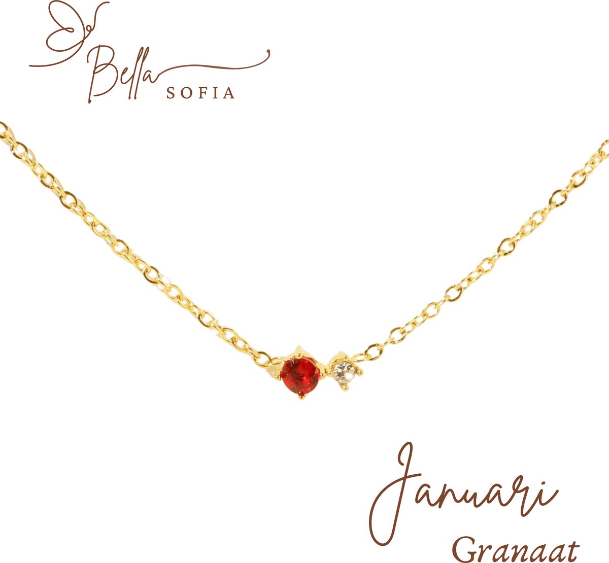 Bella Sofia® Geboortesteen Ketting Januari - Uniek Goudkleurig Dames Sieraad - Valentijnscadeau - Valentijnsdag - Valentijn cadeau voor haar