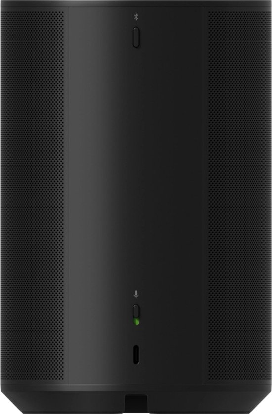 Achterkant van de zwarte Sonos Era 100 speaker met Bluetooth-icoon, microfoonlampje en USB-C poort.
