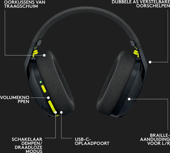 Casque Logitech G435 noir avec des étiquettes indiquant les fonctions.