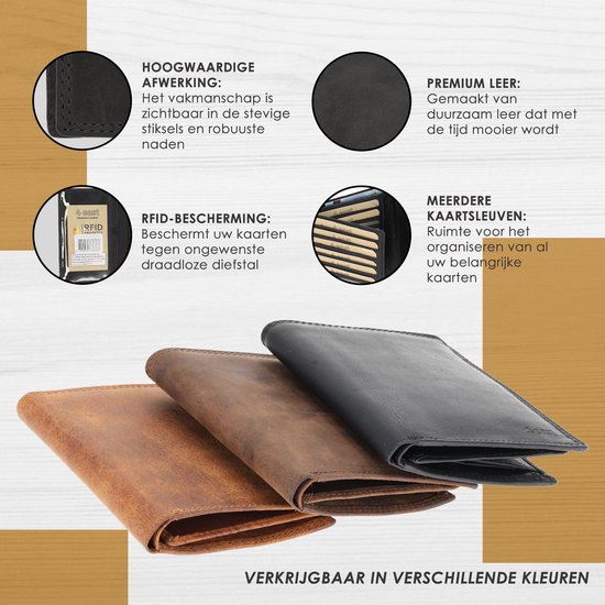 Drie portemonnees in bruin en zwart, met highlights op afwerking en kaartsleuven.