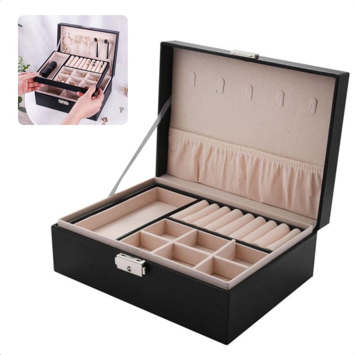 Sieradendoos - Juwelendoos - 2 Lagen - Organizer 23x17x9 cm - Zwart Kunstleer - Met Slot