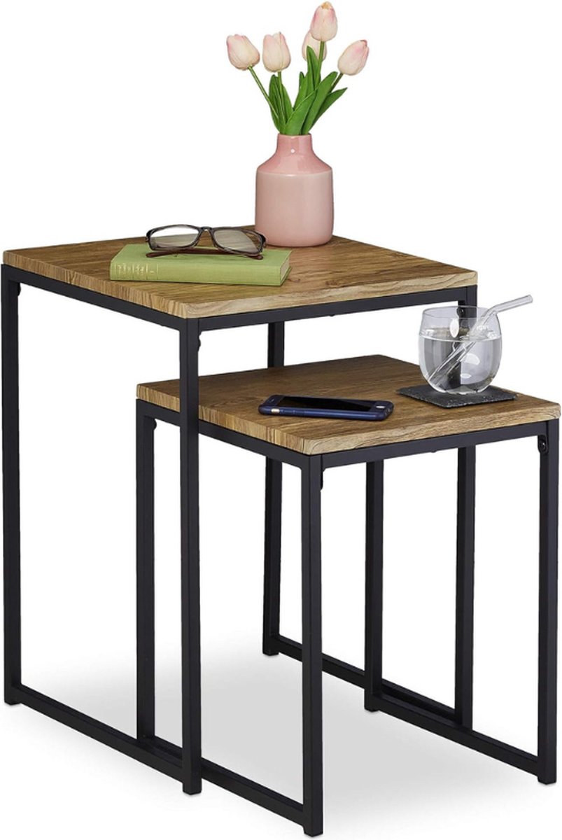 Set Van 2 Bijzettafels - Industrieel Design - Vierkante Tafels In Houtkleur En Zwart Metaal (Mimiset Met Twee Groottes)