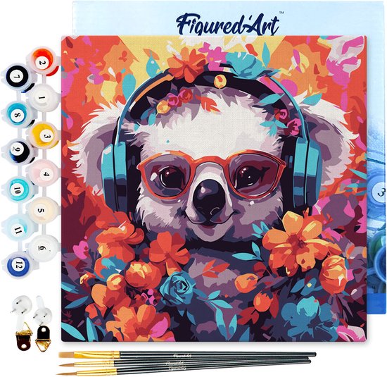 Figured' Art Mini Peinture par numéros Adultes 20x20 cm avec cadre Koala fantaisie et fleurs - Kit de Hobby créatifs de Klein taille DIY Numéro Art complet