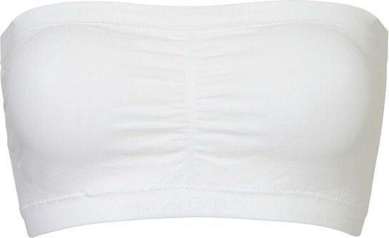 Witte strapless BH met ruches en decoratieve naden.