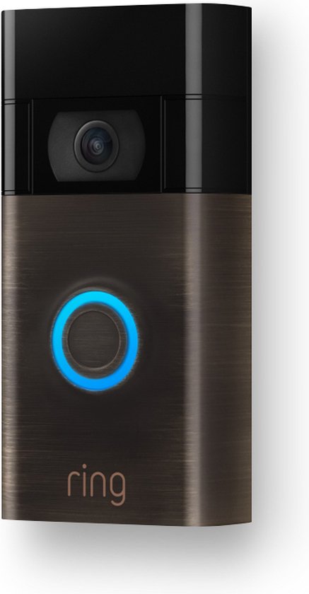 Bronzen Ring deurbel met een verlichte blauwe cirkel rond de knop en een zwarte bovenkant met camera.