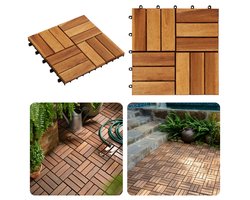 Acacia Houten Terrastegels - Moza ek - 30x30 cm - 9 stuks - 0.81m2 - Balkon, Terras of Vlonder - Snelle Montage - Vlondertegel - Tuintegels - Terrasplanken - Balkon vloer - Kliktegels - Buiten tegels - Warme Uitstraling - Inclusief EBOOK