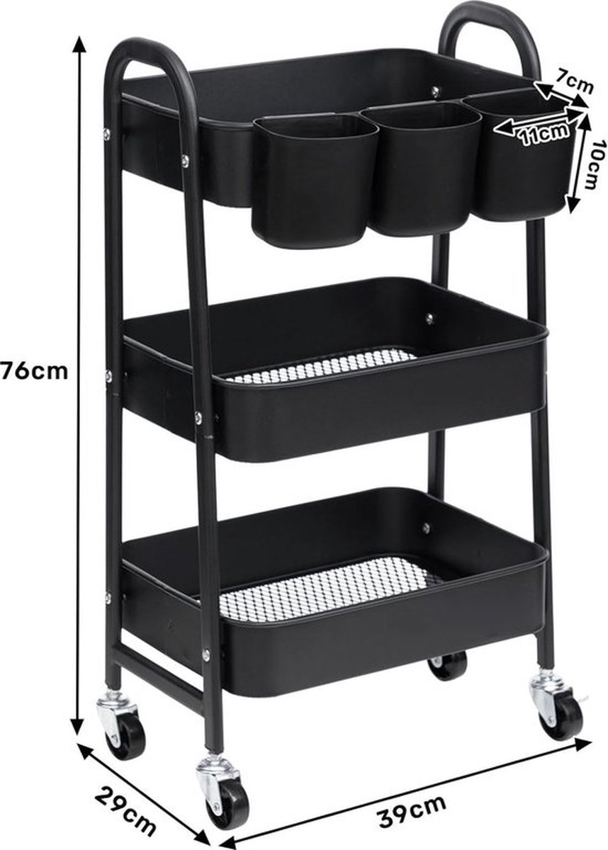 Craftelier - Chariot métallique de rangement avec 3 plateaux | 4 roulettes pivotantes à 360° avec freins | Charge max. 2,99 kg | Distance entre les plateaux 25,5 cm | Taille 78 x 40 cm