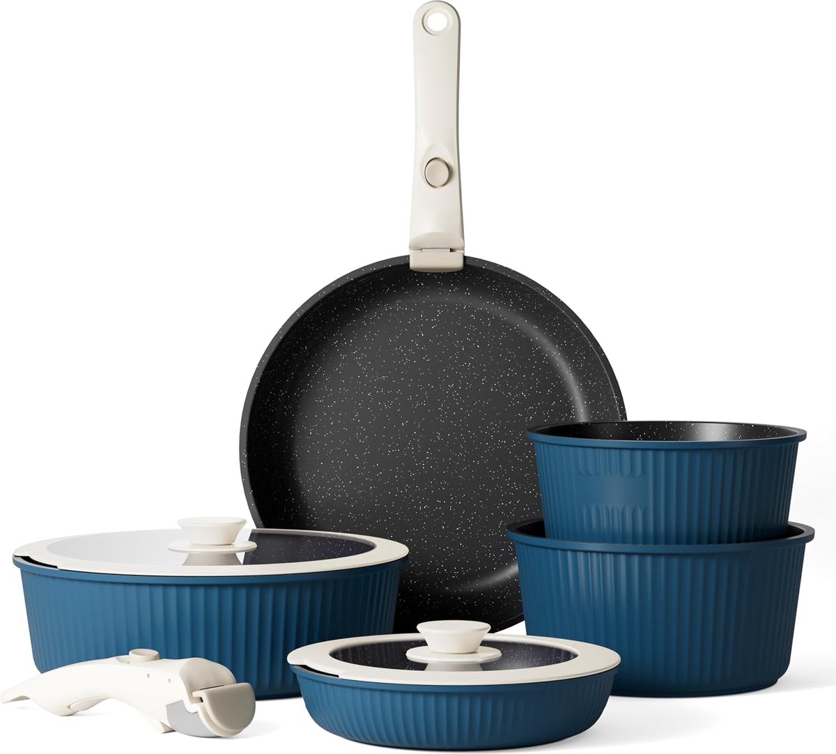 JGS® - Luxe Inductie Pannenset met Afneembare Handgrepen en Siliconen Deksels, Duurzame Graniet Antiaanbaklaag, Stapelbaar en Ruimtebesparend Ontwerp-