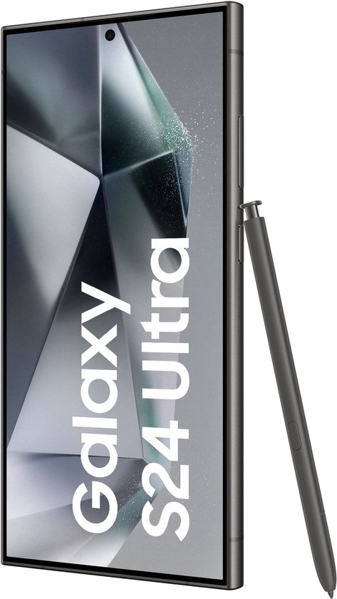 Donkergrijze Samsung Galaxy S24 Ultra met S Pen, met de tekst 'Galaxy S24 Ultra' op het scherm.