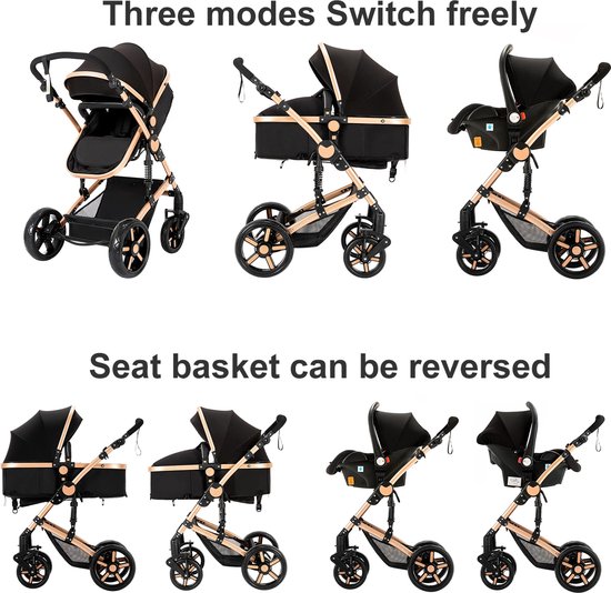 Demonstratie van de drie standen en omkeerbare zit/reiswieg van de zwarte kinderwagen met goudkleurige frame.