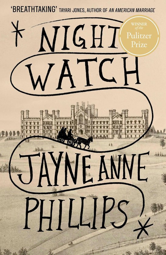 Boekomslag van 'Night Watch' met een illustratie van een koets en een gebouw, winnaar Pulitzerprijs.
