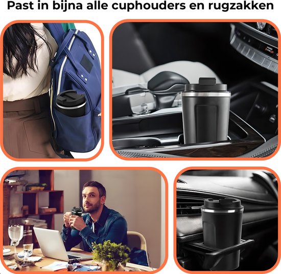 Maca Thermosbeker - Koffiebeker To Go - Met Temperatuurmeter - 380ml - Travel Mug - RVS - Zwart