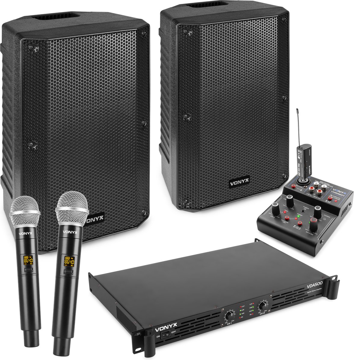Vonyx karaoke set voor volwassenen - Complete karaokeset - Met 2x krachtige speakers en draadloze microfoons - Bluetooth