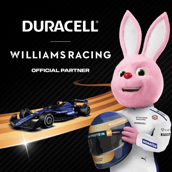 Duracell bunny houdt een Williams Racing helm vast, met een Williams Racing F1 auto. Tekst: 'DURACELL WILLIAMS RACING OFFICIAL PARTNER'.